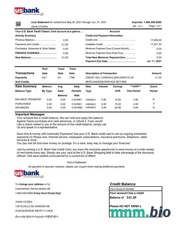 USA U. S. szablon wyciągu z karty kredytowej banku w .xls i .format pliku pdf